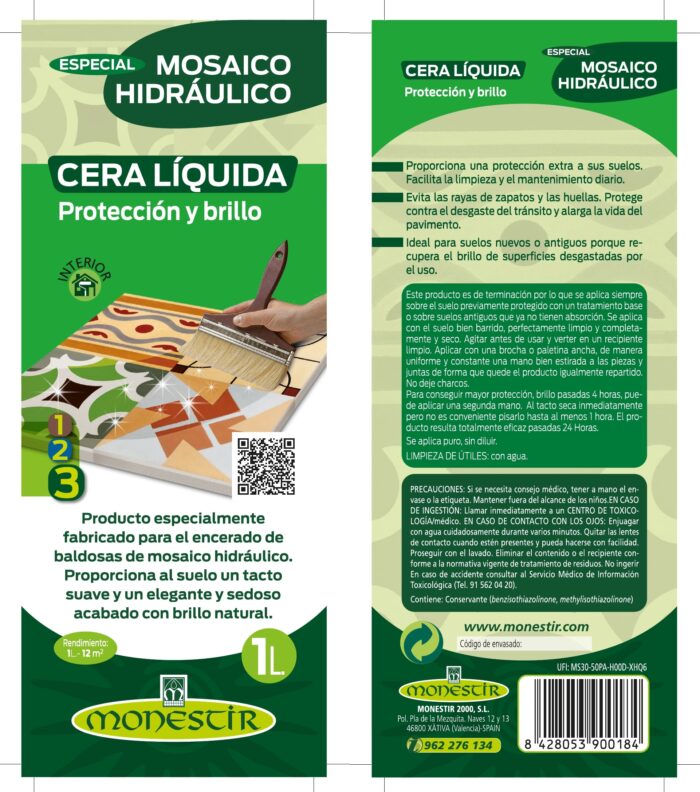 CERA LÍQUIDA ECOLÓGICA BRILLO ESPECIAL MOSAICO HIDRÁULICO. Para dar brillo, encerar, antihuella y ecológico. (Monestir) - Imagen 2