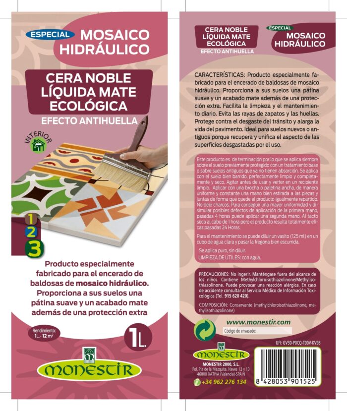 CERA LÍQUIDA ECOLÓGICA MATE ESPECIAL MOSAICO HIDRÁULICO. Producto para encerar con acabado mate, antihuella y ecológico. (Monestir) - Imagen 2