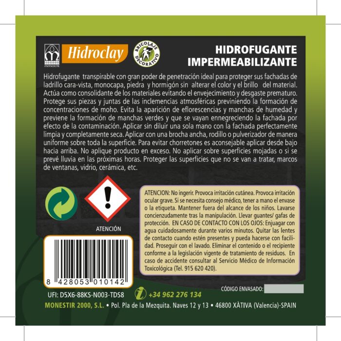 HIDROCLAY Hidrofugante Impermeabilizante Fachadas (Monestir) para fachadas de ladrillo cara-vista, monocapa, piedra y hormigón sin alterar el color y el brillo del material. - Imagen 3