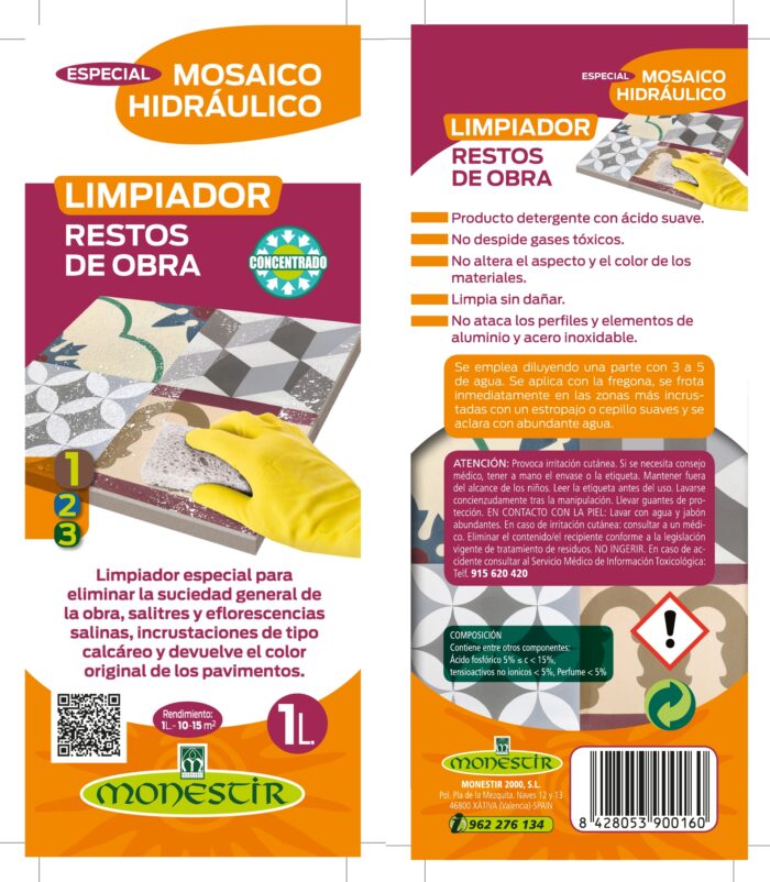 Limpiador restos obra, Especial Mosaico hidráulico (Monestir) Producto limpiador restos de obra, eflorescencias salinas y salitres. - Imagen 2
