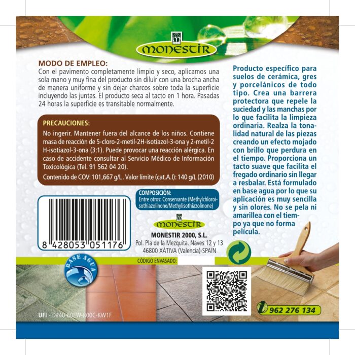 PROTECTOR ANTISUCIEDAD para cerámicas, gres y porcelánicos (Monestir). Protector para Cerámica, Gres y Porcelánicos. Efecto mojado -  Anti-huella Uso: interior - Imagen 3