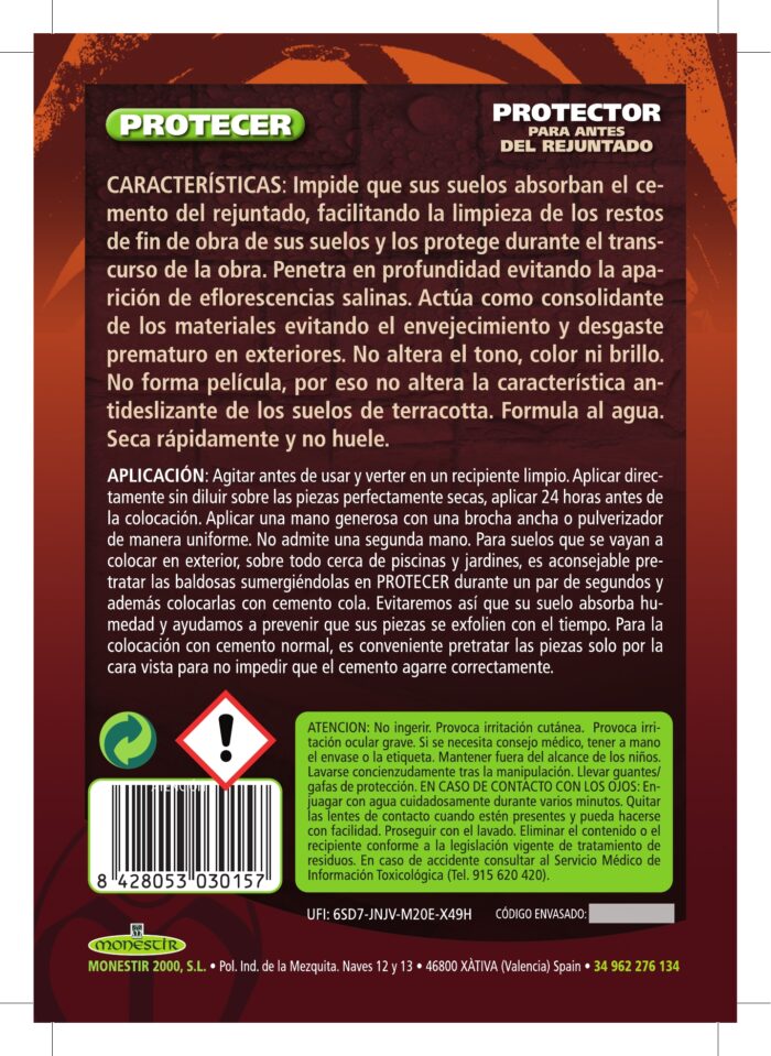 PROTECER Protector para antes del rejuntado (Monestir) y para el pre-tratamiento de las baldosas de barro o terracotta. Uso: interior/exterior - Imagen 6