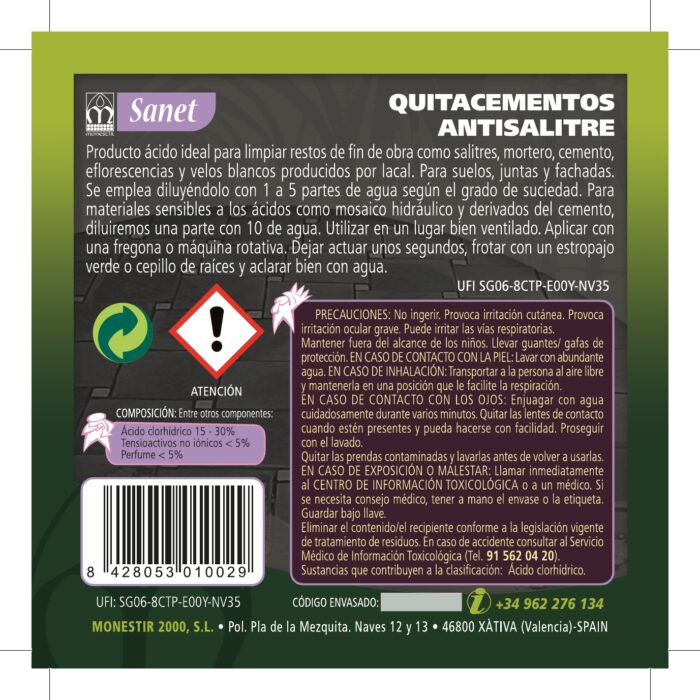 SANET Quitacementos Antisalitre (Monestir) Aplicación sobre: Barro, gres rústico, mármol envejecido, cerámica esmaltada, porcelánico, pizarra, piedra y mármoles no pulidos.Para uso interior/exterior - Imagen 3