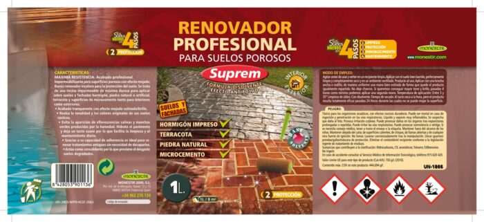 SUPREM Renovador Profesional (MONESTIR). Impermeabilizante para superficies porosas con efecto mojado, acabado brillo. Suelos y fachadas de hormigón impreso, piedra natural o artificial, terracotta y superficies de microcemento. Para exterior e interior. - Imagen 2