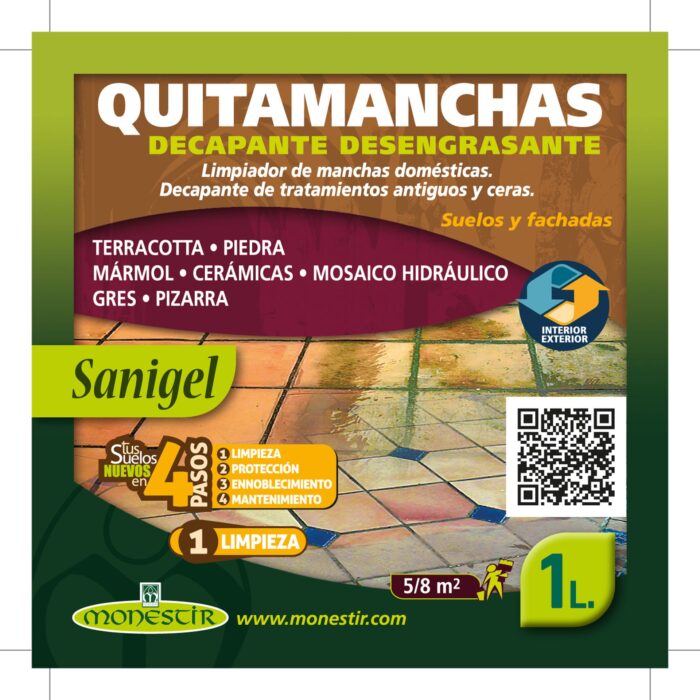 SANIGEL Quitamanchas Decapante Desengrasante (Monestir). Aplicar sobre: barro, gres rústico, cerámica esmaltada, porcelánico, mármol envejecido, pizarra, piedra, mosaico hidráulico, hormigón. Uso: interior/exterior - Imagen 2