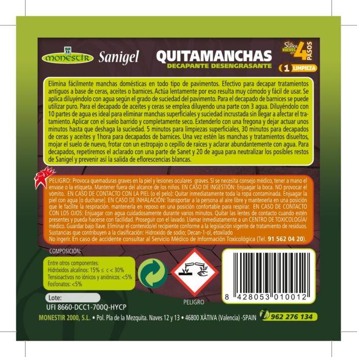 SANIGEL Quitamanchas Decapante Desengrasante (Monestir). Aplicar sobre: barro, gres rústico, cerámica esmaltada, porcelánico, mármol envejecido, pizarra, piedra, mosaico hidráulico, hormigón. Uso: interior/exterior - Imagen 3